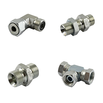 Selection of hydraulic adaptors including BSP, JIC, ORFS, NPT, and Metric fittings in male, female, elbow, tee, and bulkhead configurations.