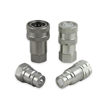 Selection of hydraulic quick release couplings, including ISO A and flat face designs, for high-pressure fluid systems.