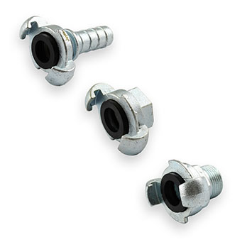 Claw couplings with 2-lug universal design for quick hose connection in industrial air and water systems