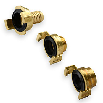Brass Geka couplings with claw-style quick-connect design for water and fluid hose systems
