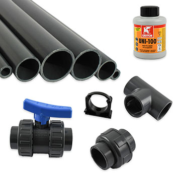 Selection of PVC pipe, fittings, valves, flanges, and adhesive products for industrial fluid handling.