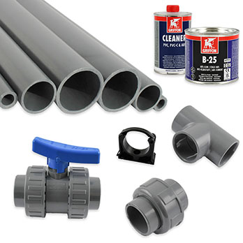 Selection of ABS pipe, fittings, valves, and accessories for water and industrial fluid systems.