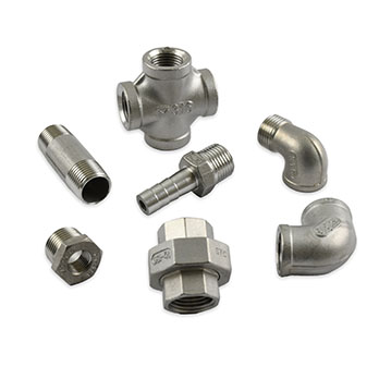 Assorted stainless steel 150LB BSP threaded fittings, including hex nipples, sockets, elbows, tees, and adaptors for industrial fluid systems.