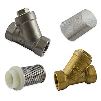 A selection of strainers including stainless steel strainers with polymer threads, stainless steel Y strainers, brass Y strainers, and PN16 flanged cast iron strainers for fluid filtration and pipeline protection