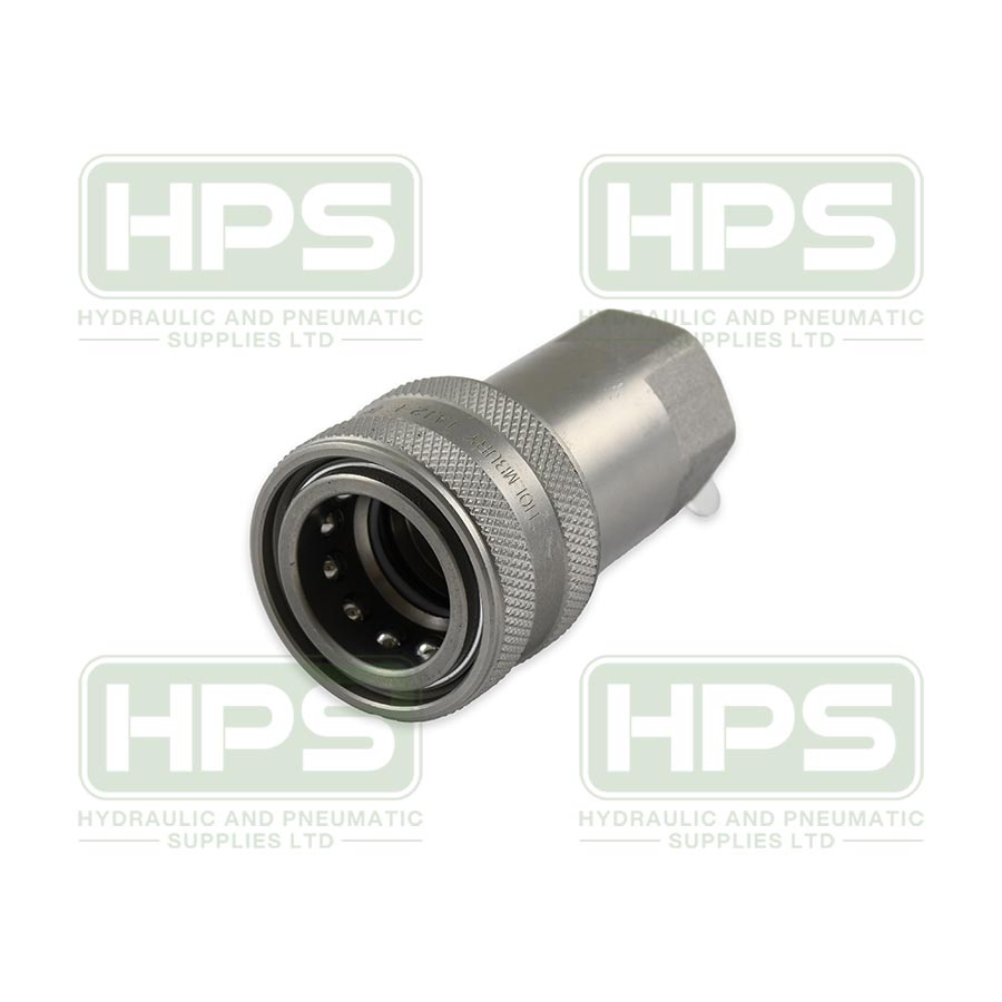 ISO A female quick release hydraulic coupling for high-pressure fluid systems.